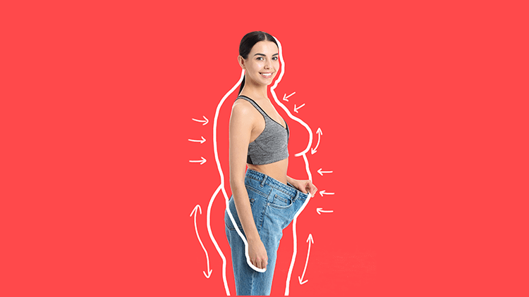woman on a red background showing her weight loss